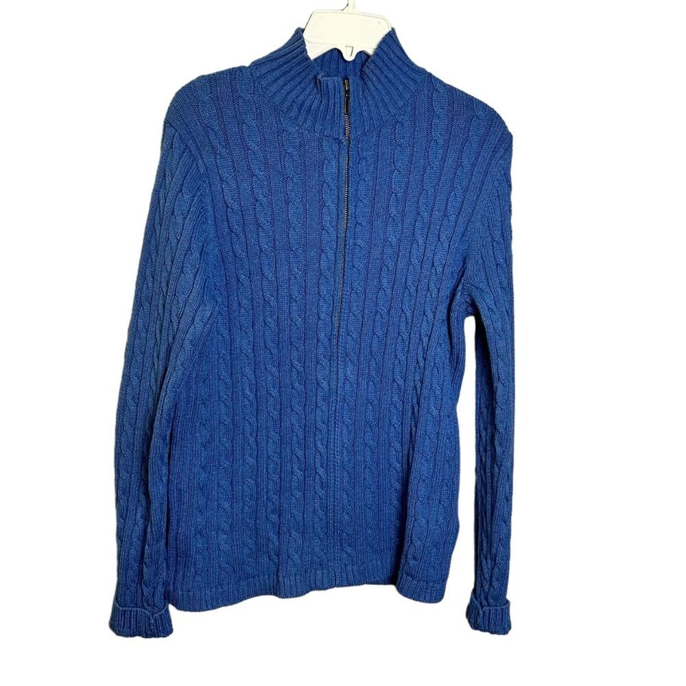 L.L. Bean Women Sz Large Blue 100% Cotton Ribbon Knit Long Sleeve Zip Up Sweater